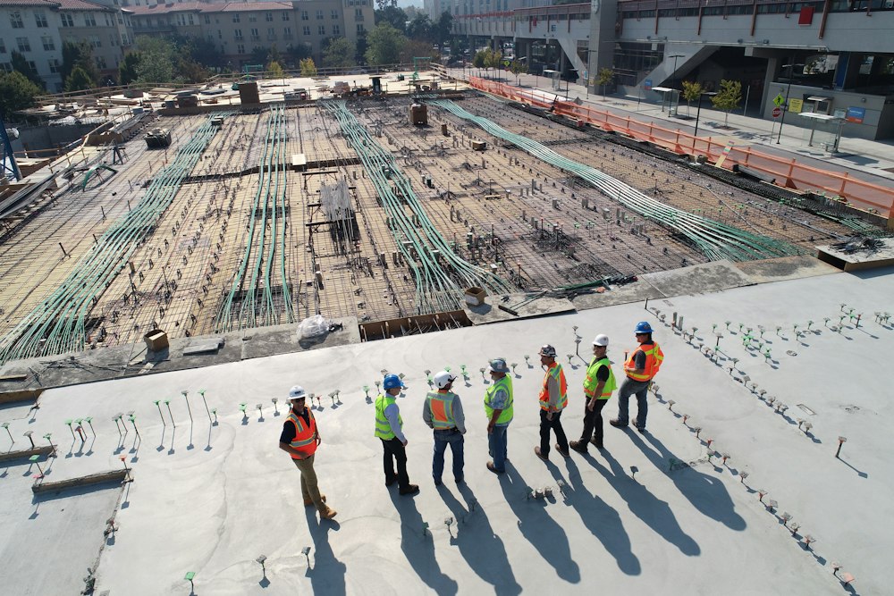 Workers at a large public-works construction site